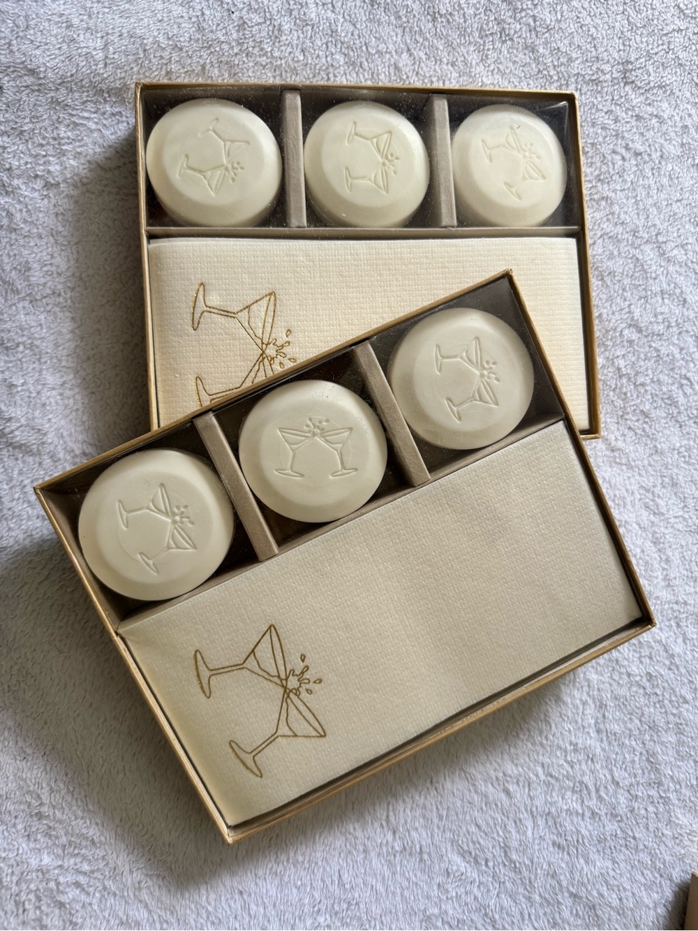 Two Ivory Cocktail Soap Sets with Hand towels perfect Hostess gift